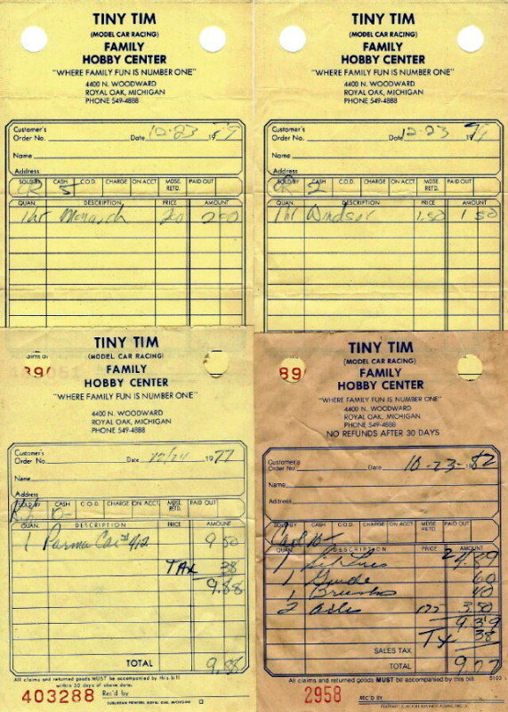 Tiny Tim Hobby Center - 1977-1982 Tiny Tim Receipts From Dave Dobner